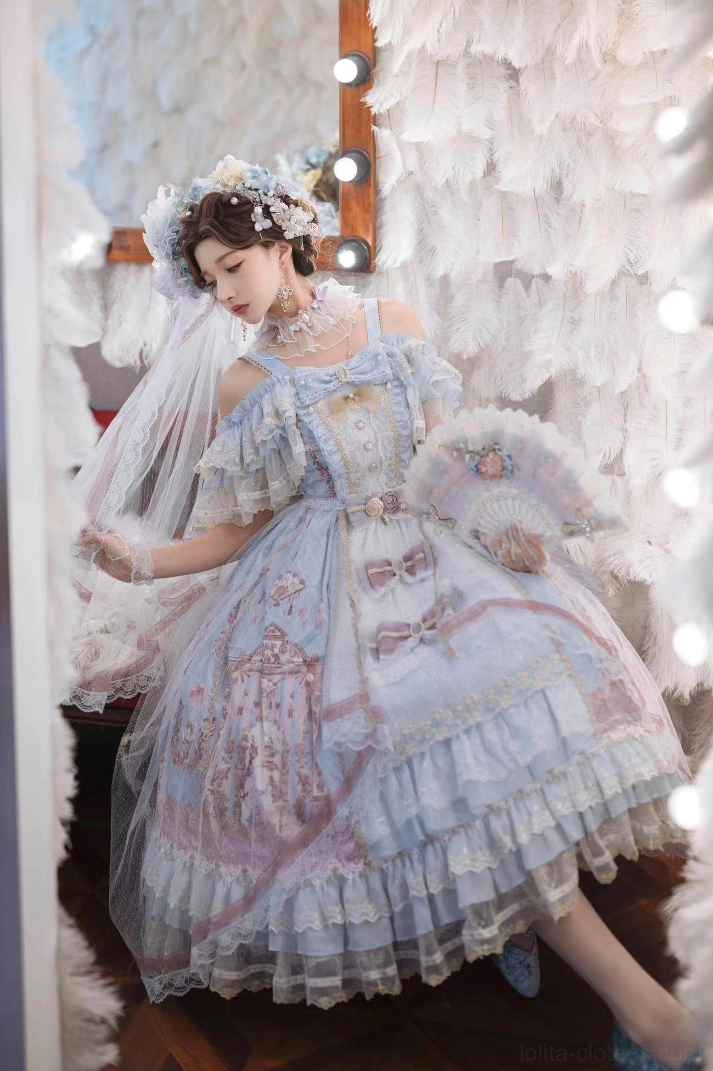 Wedding Lolita JSK dress coordinating smock and neck decoration choker accessories shown with dress