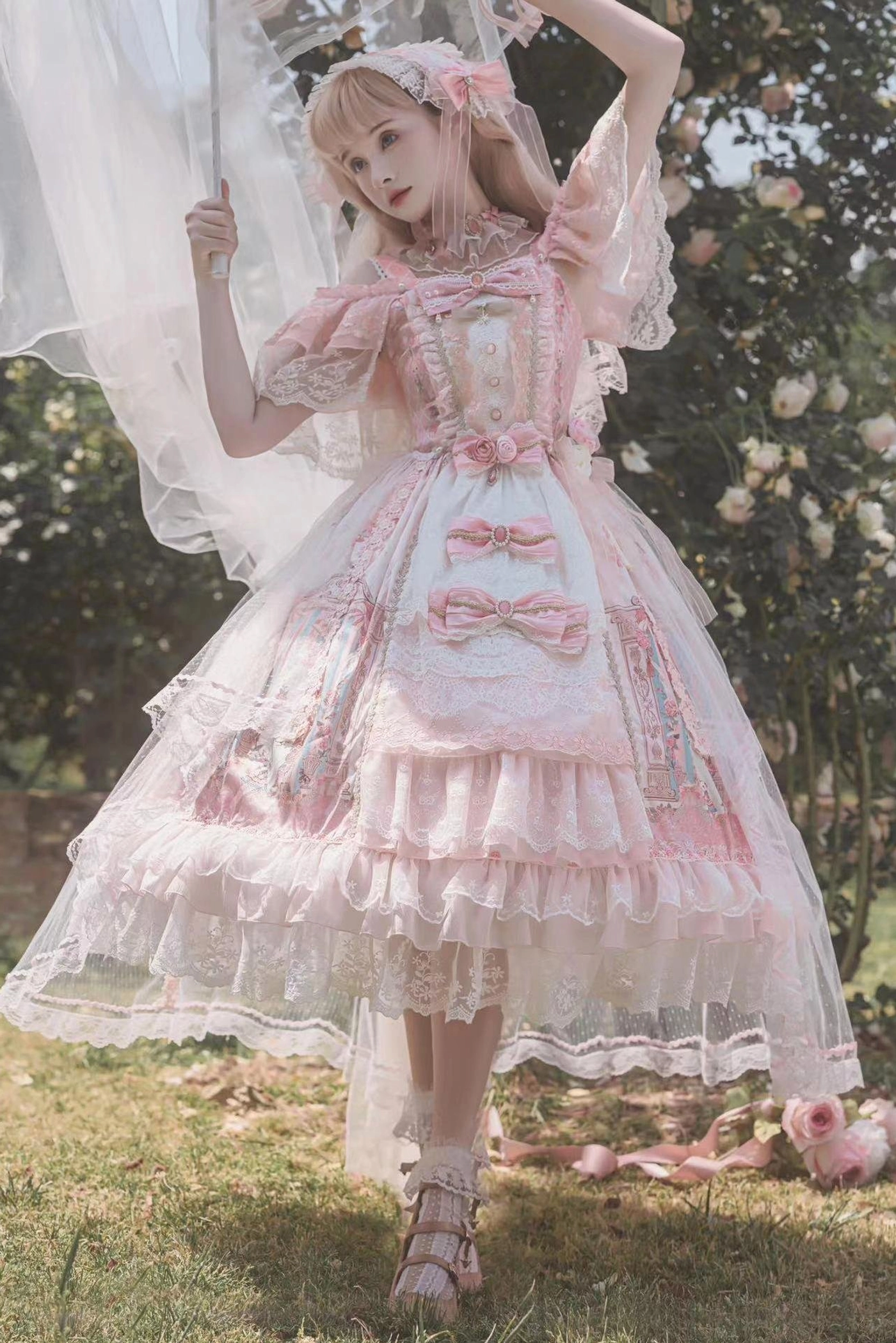 Wedding Lolita JSK dress veil and headband accessories showcasing bridal styling options