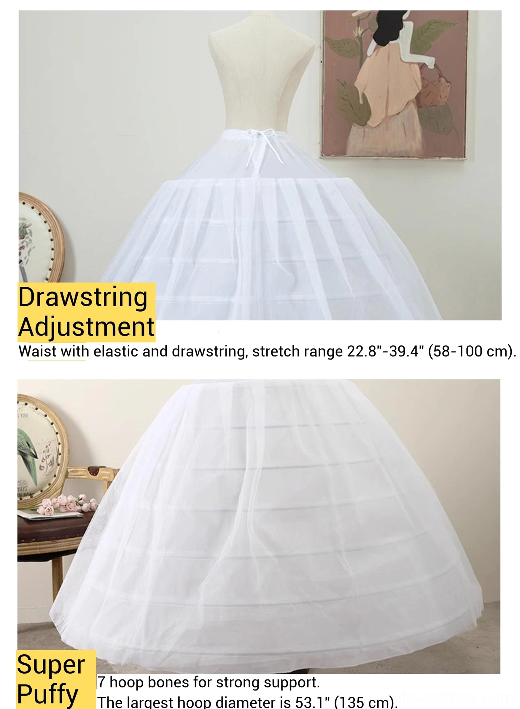 Wedding lolita petticoat front view on dress form displaying full adjustable waist elastic stretch range and voluminous hoop-supported skirt
