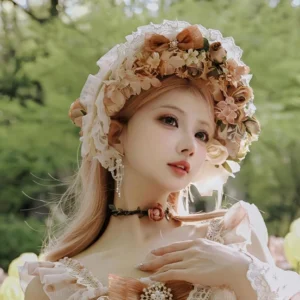 wedding lolita floral bonnet earth tone flower wreath bonnet with ruffled dress rose pendant choker lace gloves outdoor garden coordinate