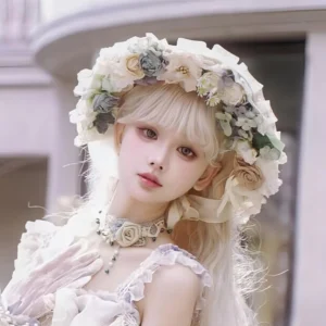 pastel wedding lolita muted blue gray flower crown bonnet lavender ruffled dress rose lace choker elegant european style