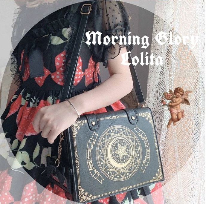Whimsical grimoire-inspired lolita crossbody clamshell bag with versatile carrying styles and enchanted celestial design motifs