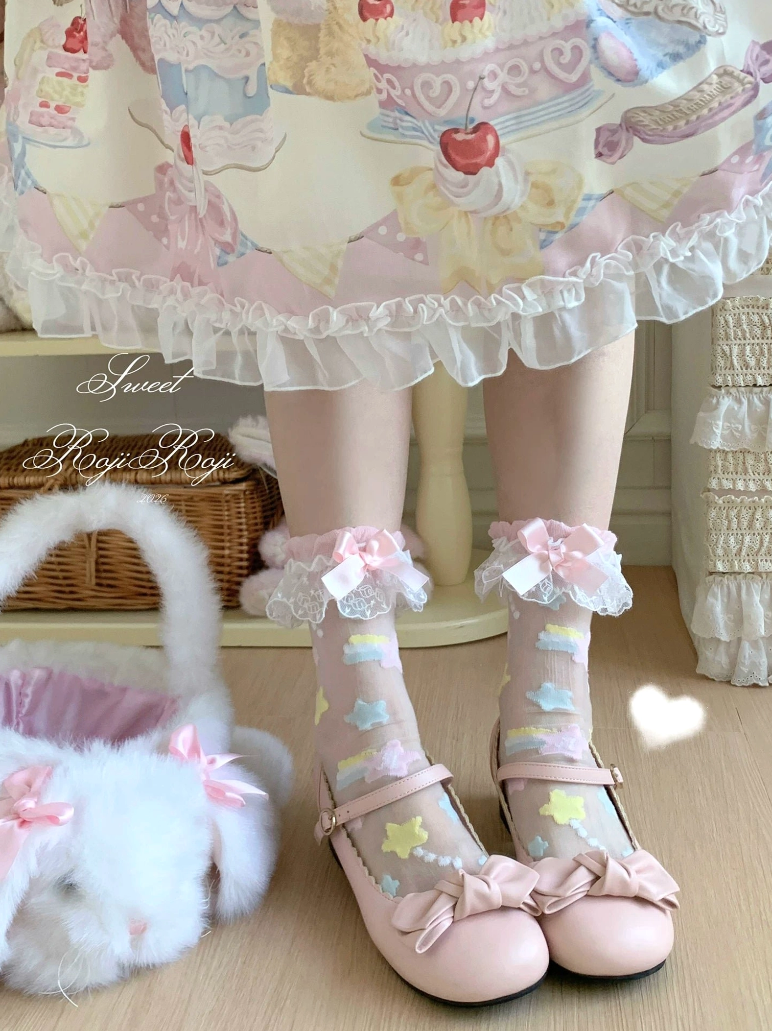 Whimsical lolita socks collection star embroidered multiple bow color options display all variants