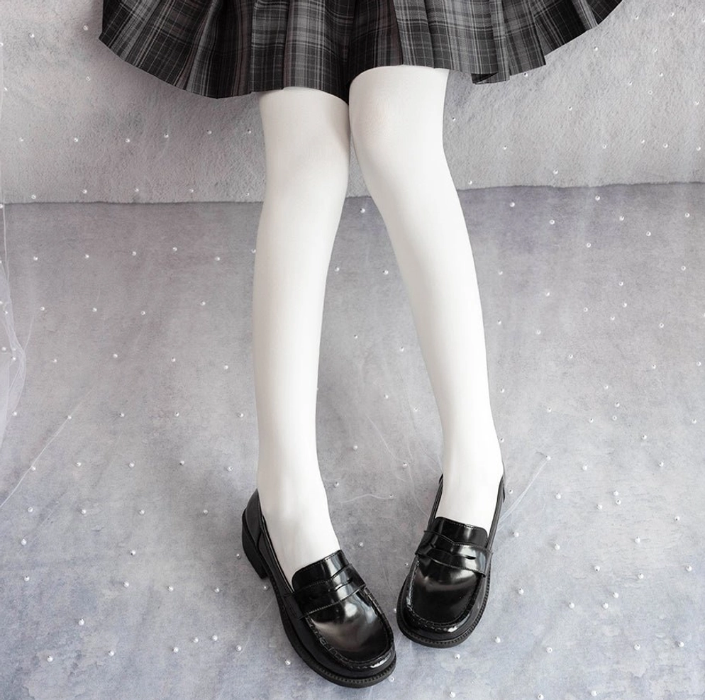 White 120D velvet tights side view with dark gray plaid JK skirt and plain leather footwear - daily wear Lolita