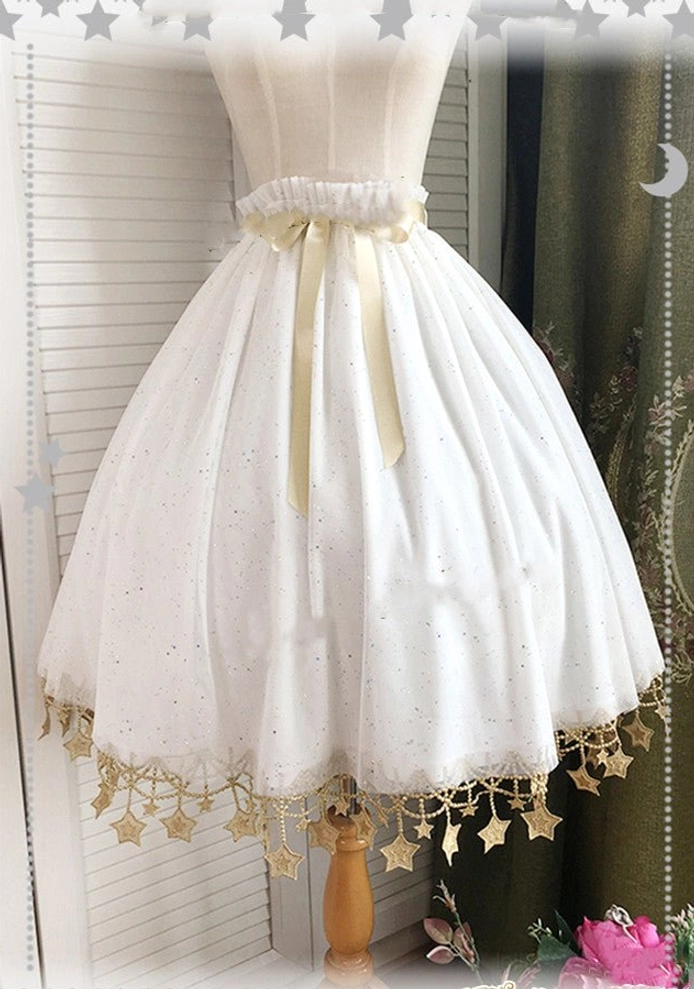 White lolita petticoat 19.7 inch short length pure romantic aesthetic gold star lace hem detail