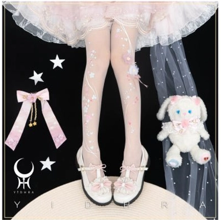 White 20d sheer cherry blossom qi lolita pantyhose normal version translucent embroidery romantic aesthetic