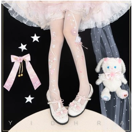 White 20d sheer cherry blossom qi lolita pantyhose upgraded version lightweight ethereal embroidery details