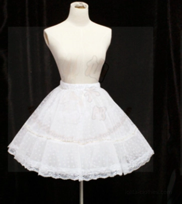 white 48cm lolita petticoat full front view on mannequin showing lace trimmed hem decorative bow layered tulle structure