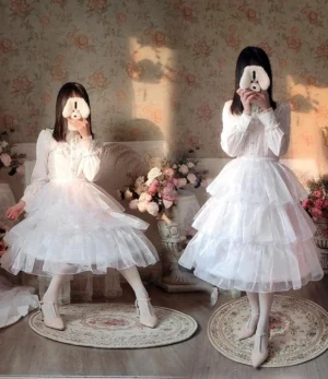 White adjustable hoop petticoat lolita dress full body vintage aesthetic