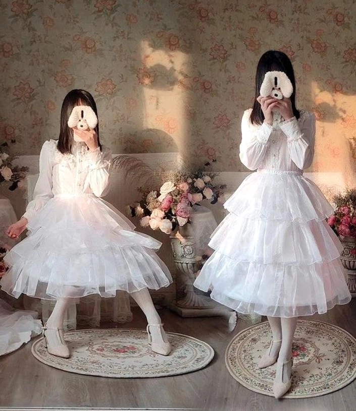 White adjustable hoop petticoat lolita dress full body vintage aesthetic