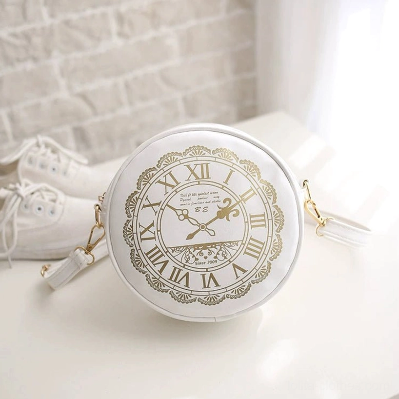 White Alice Clock lolita shoulder bag gold vintage clock print clear shoulder strap