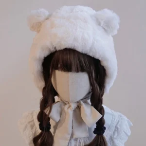 Milk white plush bear ear fluffy hooded lolita winter hat displayed on mannequin with cute bear ear details