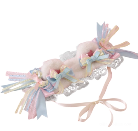 White bear ear sweet lolita headband with adjustable strap silver ruffled lace base pink plush ears multiple pastel tri-color bows