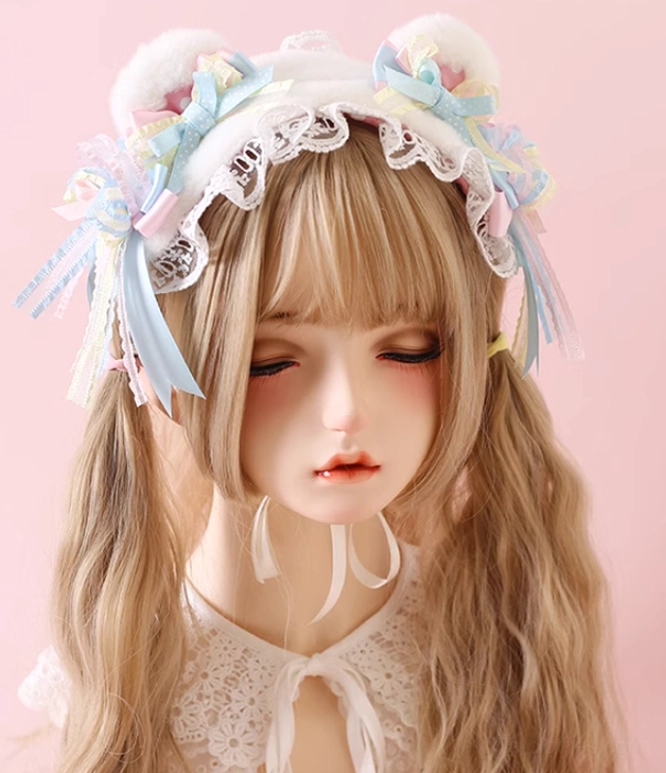 White bear ear sweet lolita headband with white plush ears ruffled lace trim pastel blue yellow bow decorations worn by lolita doll model