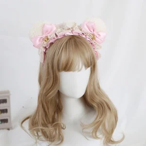 White bear ear sweet lolita hair headband with soft pink satin bow and delicate lace ruffles detachable bells front view