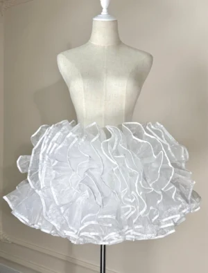 Bell-shaped lolita petticoat white organza super puffy volume front display on dress mannequin with multi-layered ruffled hem