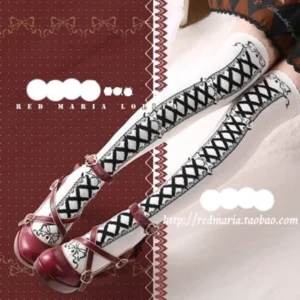 white-background-black-cross-strap-over-the-knee-lolita-tights-ribbon-bow-print-close-up-with-burgundy-mary-jane-shoes