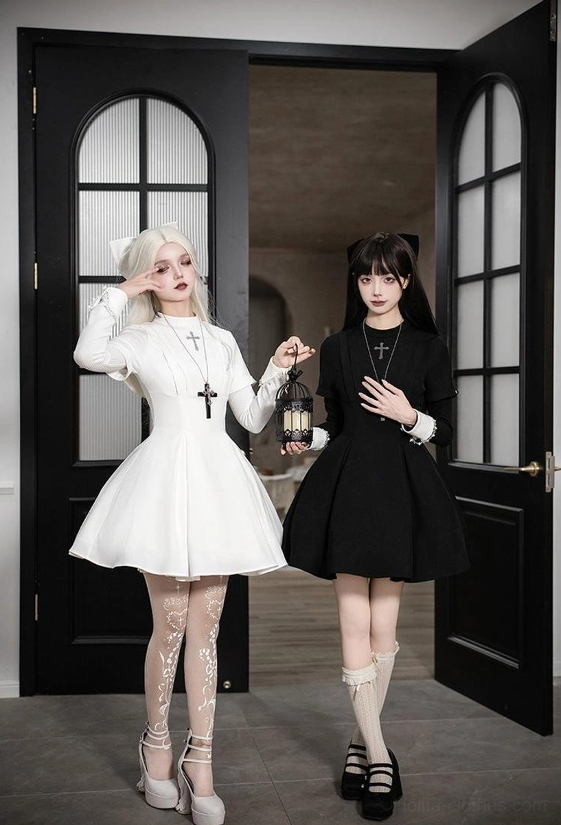 White and black gothic nun lolita OP dress matching set church double door entrance cross necklace headwear