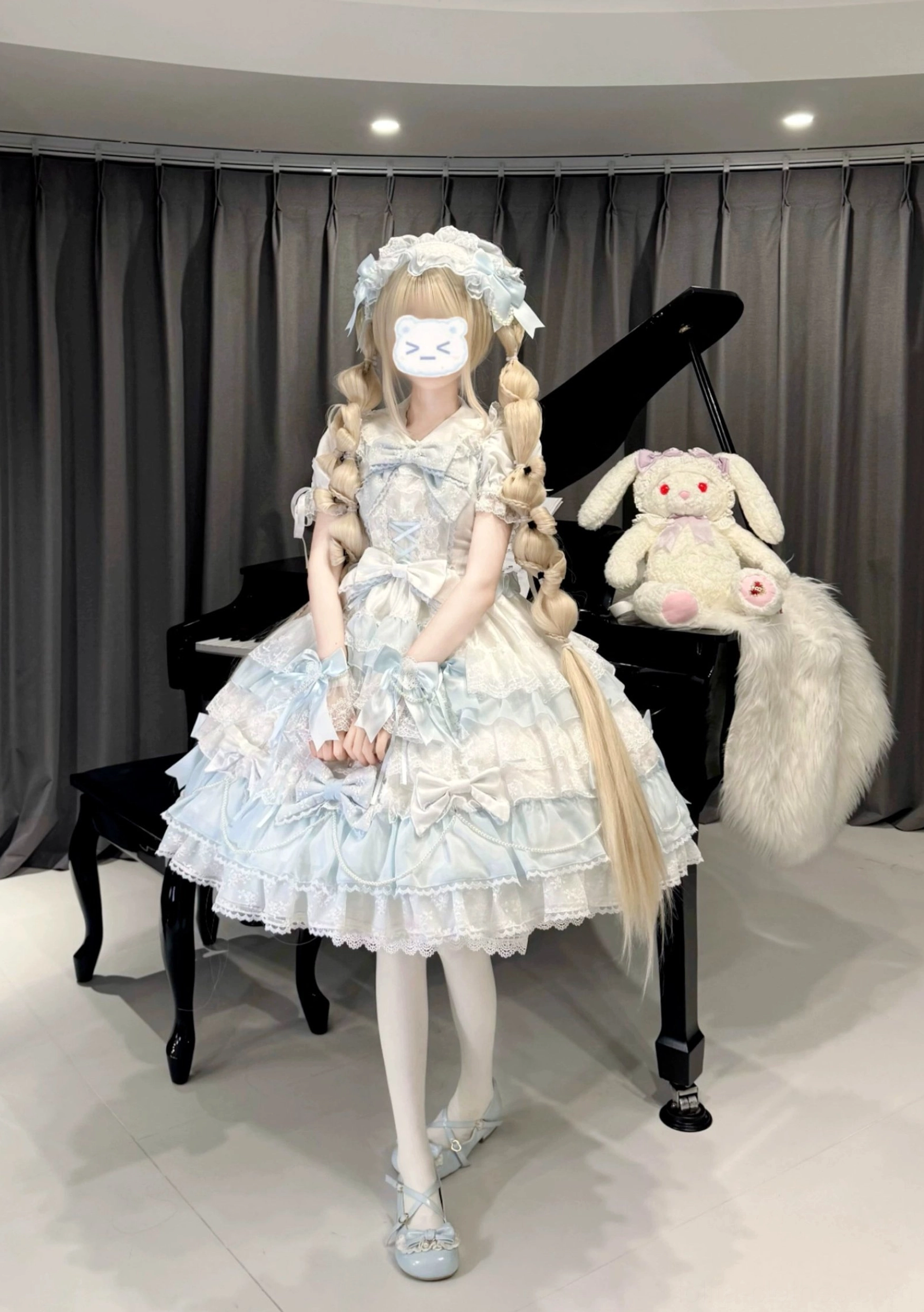White and blue lolita bonnet headpiece accessory showing design details and decorative elements for complete outfit