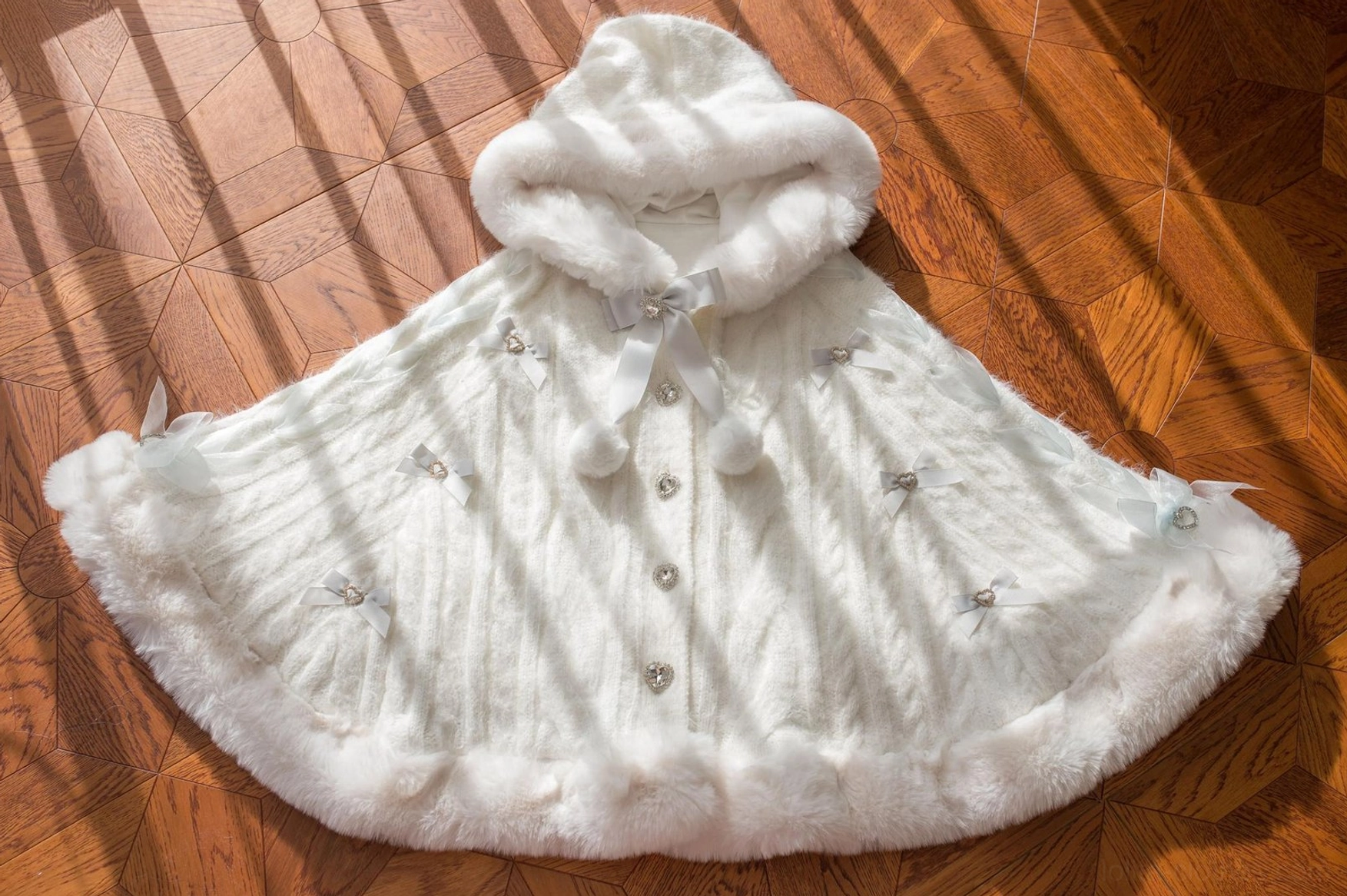 White-blue lolita winter cape coat full length view highlighting generous hem circumference perfect for layered petticoats and ruffled underskirts