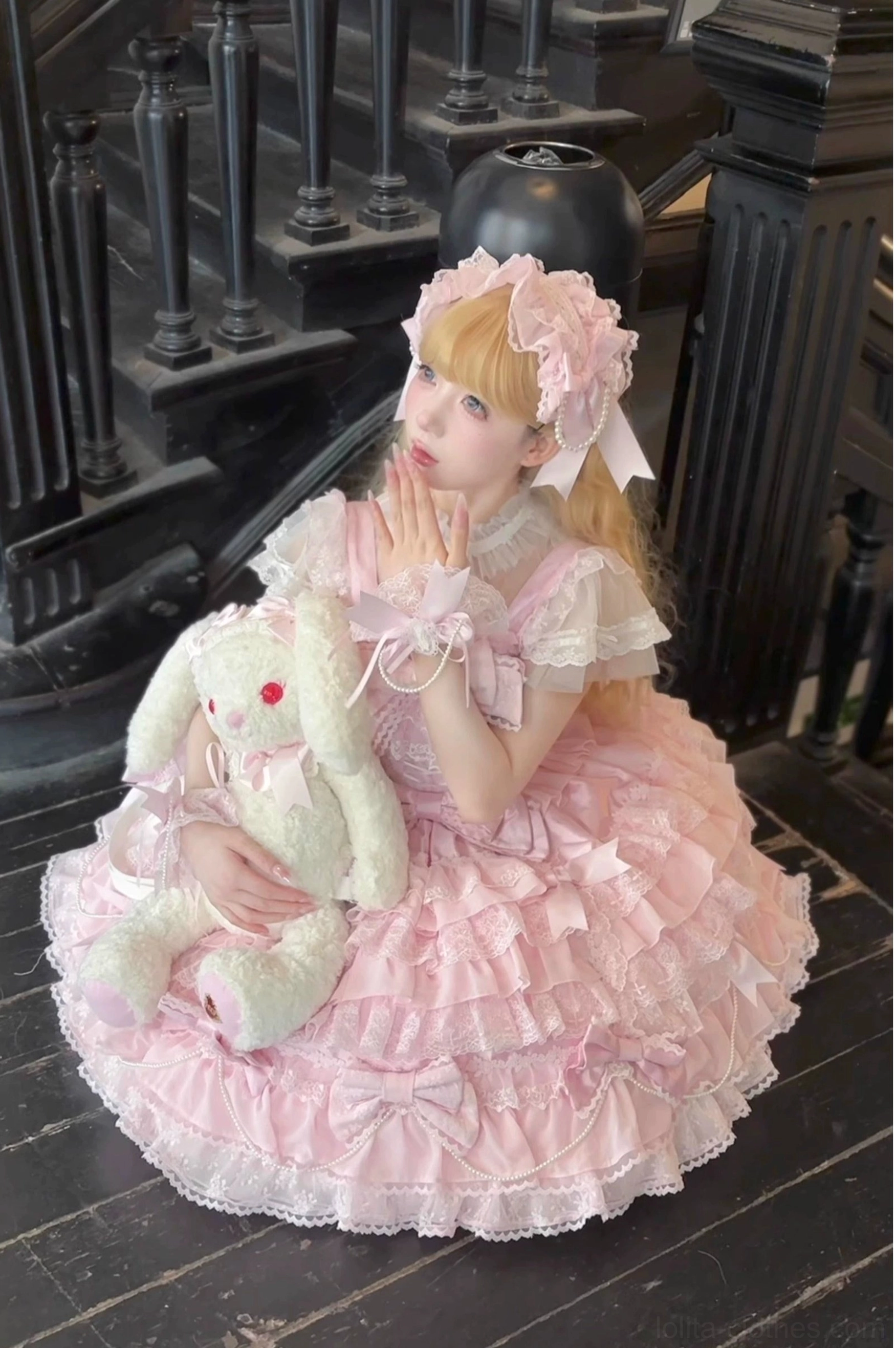 White and blue lolita jumper dress color option showing contrast palette tiered ruffles and decorative bow details