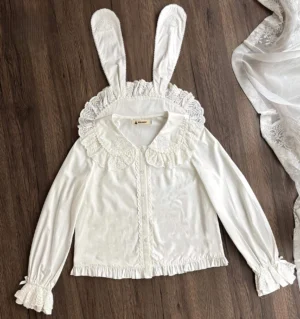 white plaid petal bunny ear kawaii lolita cotton blouse with peter pan collar heart embroidery flat lay display wooden table