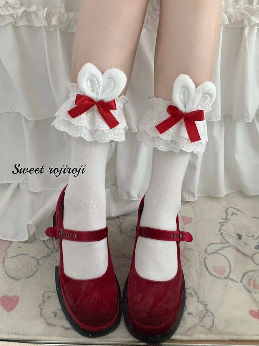 White ear with red bow bunny lolita short socks sweet lolita fashion statement piece cute accessory