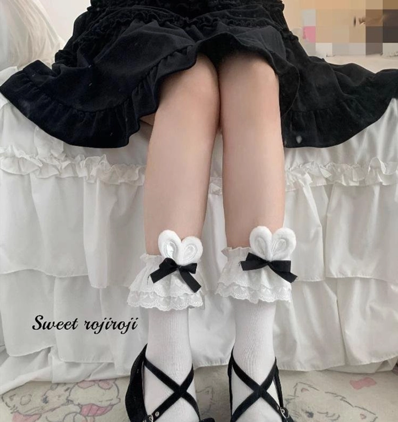 Red bow white ear bunny lolita short socks vibrant sweet fashion playful cute design care instructions