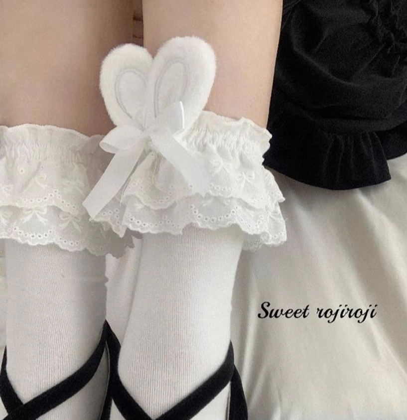 White ear with white bow bunny lolita short socks classic sweet lolita design elegant minimalist aesthetic
