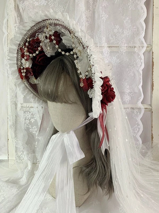 White and burgundy classic lolita bonnet with detachable head veil ethereal romantic style pearl accents