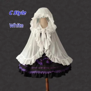 White C-style sleeveless Lolita cape cardigan with ruffled edges and flowing fabric on dress mannequin front view