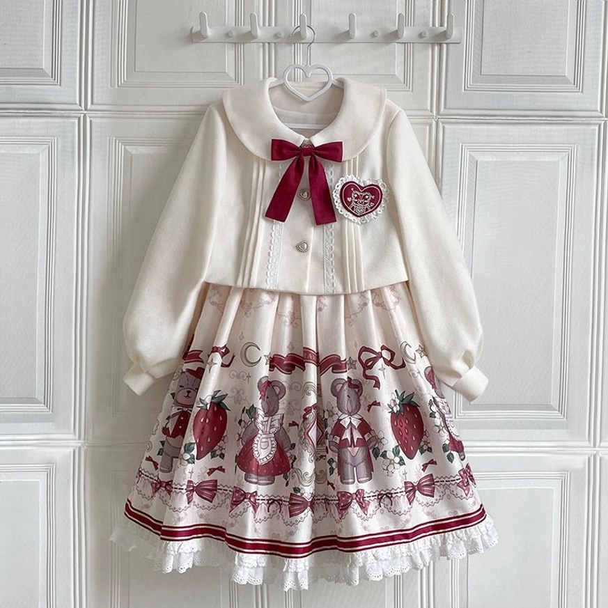 lolita coat and jsk two-piece set front view white peter pan collar burgundy bow heart badge matching printed skirt