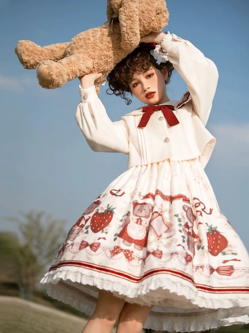 sweet lolita coat and jumper skirt low angle full-body shot white long-sleeve cape coat burgundy bow peter pan collar