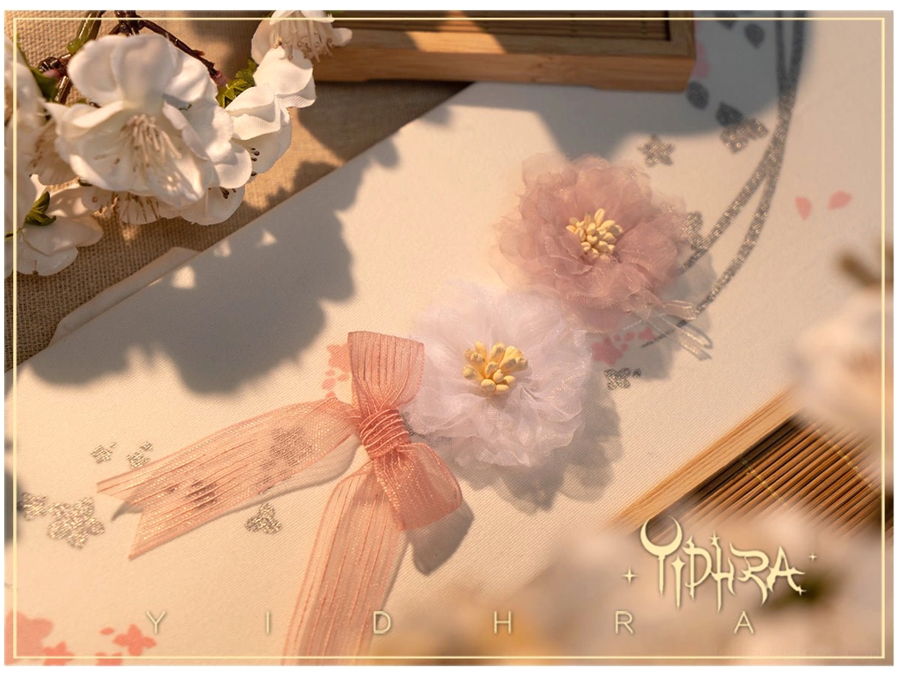 White cherry blossom qi lolita pantyhose full leg view with bow decorations and sakura vine embroidery worn with lolita shoes