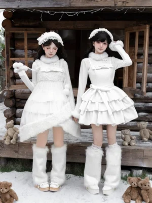 White choco winter lolita JSK dress set front view with two models wearing fluffy hair ornaments fuzzy leg warmers snowy cabin setting