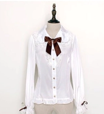 White Chocolate Heart Lolita long-sleeve blouse flat display on dress form featuring Peter Pan collar lace front panel and ruffled cuffs with ribbon ties