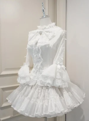 White classic lolita blouse with standing collar removable bow and layered ruffled bell sleeves detail display