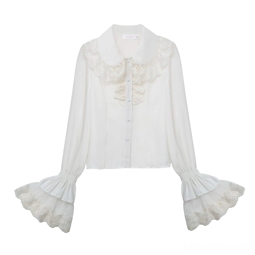 White classic Lolita chiffon blouse flat lay product shot showing front detail with small round buttons, lace ruffle front placket, and layered lace bell cuffs construction