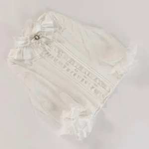 White chiffon lolita inner blouse flat lay with ruffled stand collar lace pleated placket and sheer ruffled cuffs detail