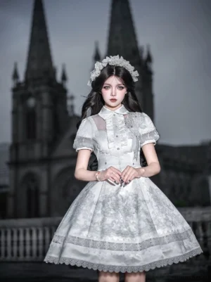 White classic lolita op dress with cross motif front full-body view gothic church setting puff sleeves tulle details