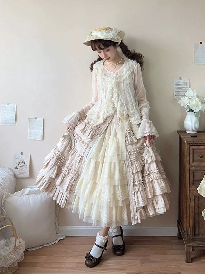White classic lolita petticoat product detail shot emphasizing tiered ruffle layering and composite fiber lining quality construction