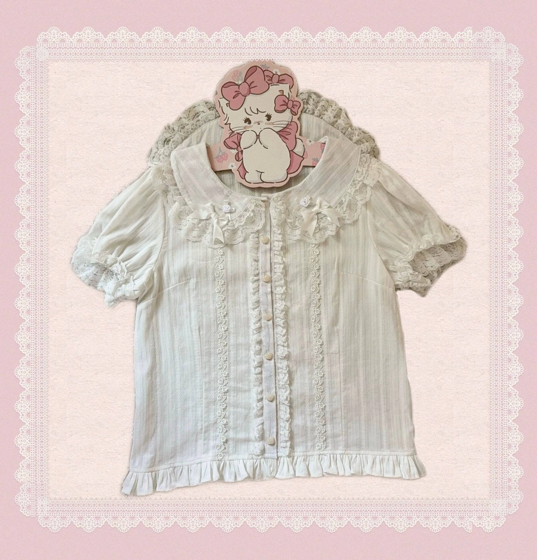 White cotton blouse variant in sizes S M L, perfect for traditional old school Lolita coordinate with pink gingham JSK dress for versatile styling options