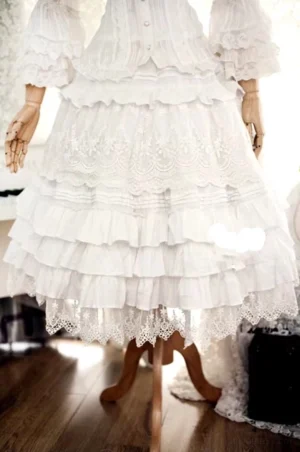 white cotton lolita petticoat a-line silhouette tiered ruffles front view vintage dress form