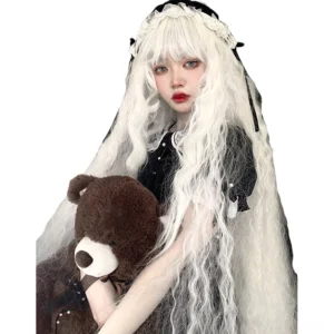 Ethereal moonlight white long curly lolita wig styled with black maid dress and teddy bear prop