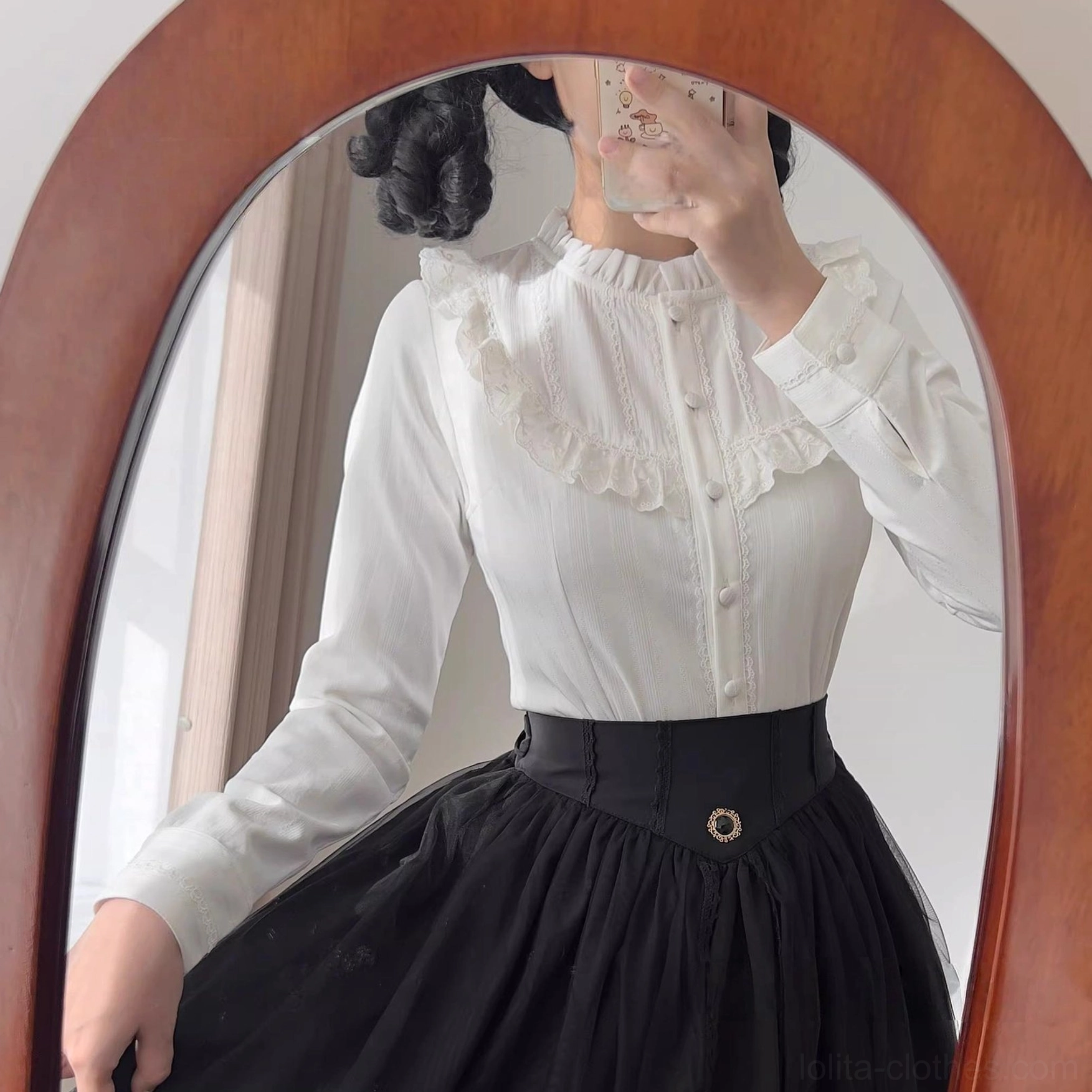 Pure white fleece-lined lolita shirt with delicate lace collar and decorative buttons paired with vintage black high-waist skirt mirror upper body reflection