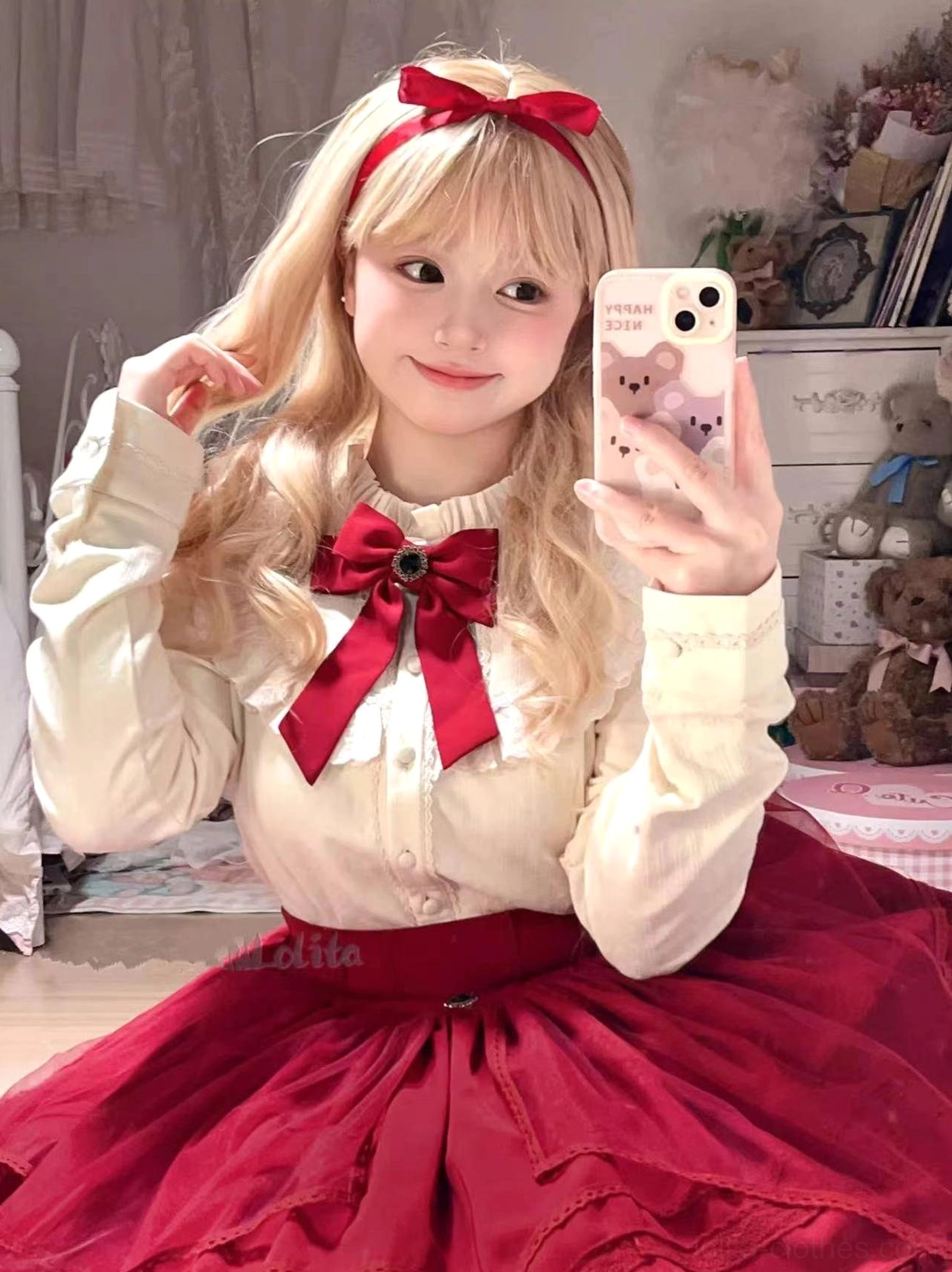 White daily lolita fleece blouse with round neckline and subtle lace details showcasing modern kawaii aesthetic styling inspiration