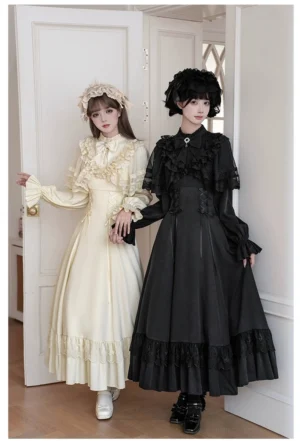 White Daylight elegant lolita OP dress with stand-up collar and V-shaped lace panel front view with detachable shawl