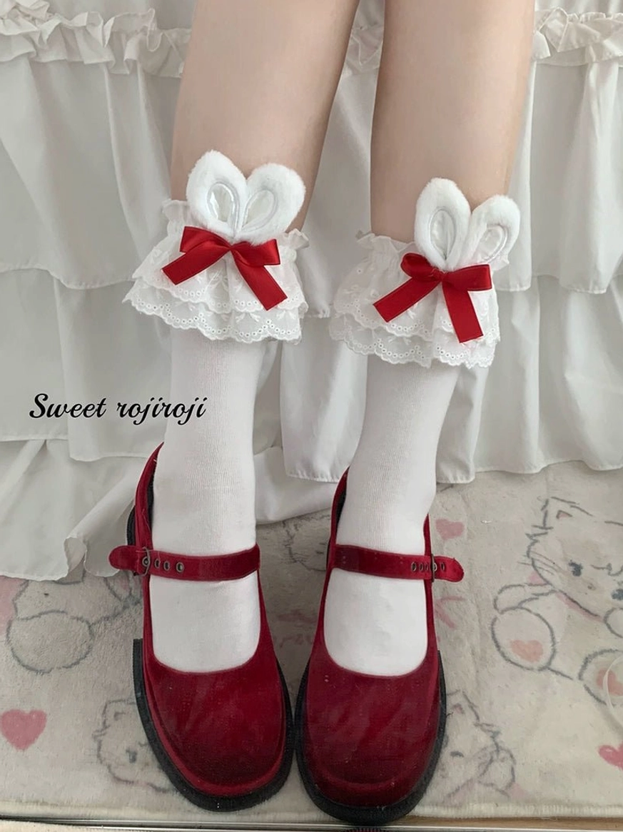 Sweet lolita socks with red ribbon bow white ear accents cotton comfort ankle wear bunny ear decoration japanese kawaii fashion