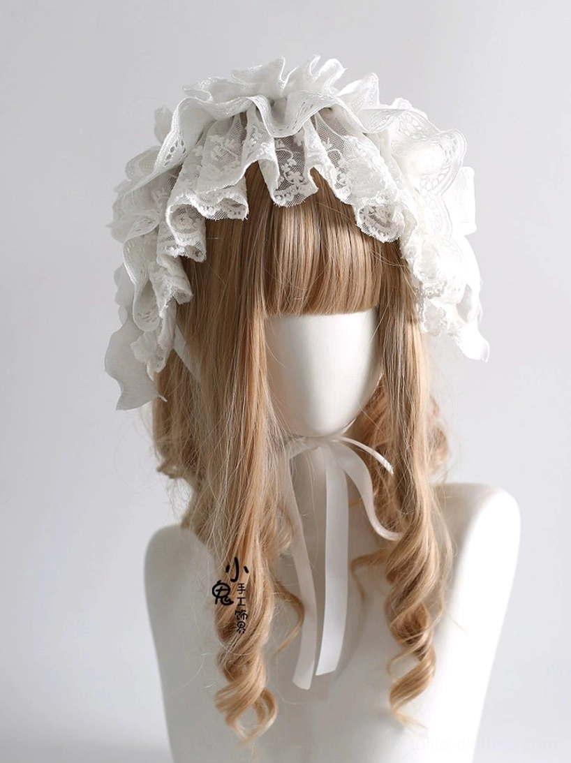 White embroidered lace lolita hairband front three-quarter view showing delicate ruffled eyelet lace trim and elegant bow design on blonde curly wig