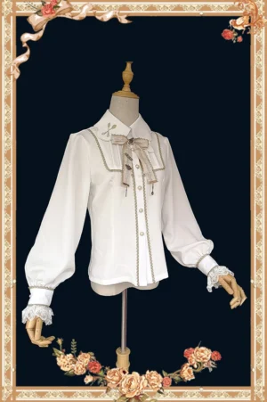 white embroidered lapel lolita blouse front view on dress form with lace collar and ruffled lantern sleeves